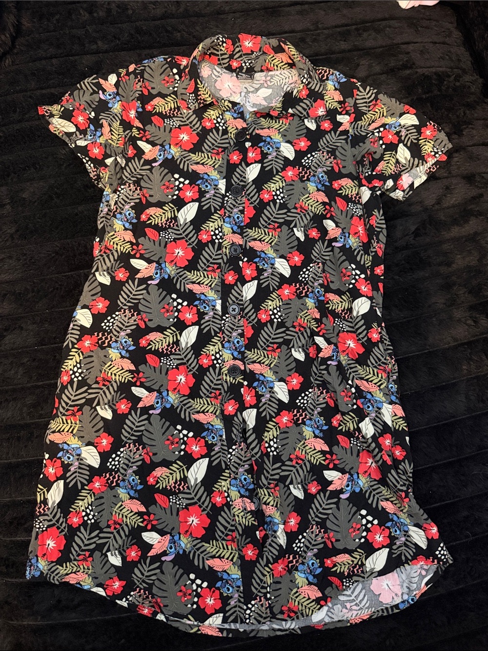 Disney Black Floral Button-Up Dress with Red & Blue Flowers